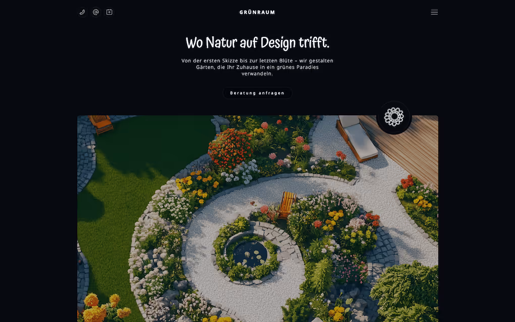 Screenshot der Landingpage für Grünraum Garten Design – natürliches Webdesign mit ruhiger Farbgestaltung und klarer Struktur.
